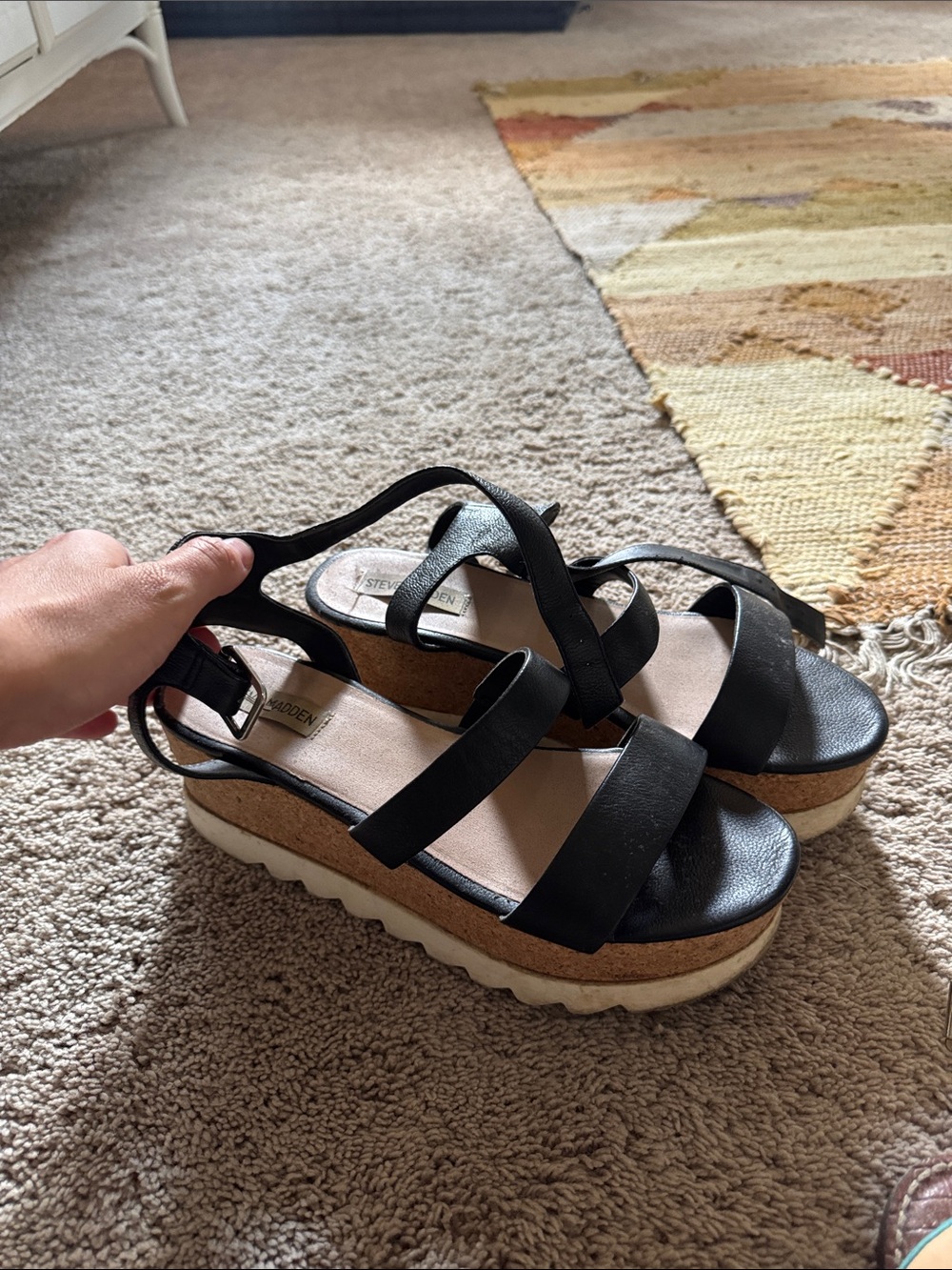 Steve Madden Black Cork-Platform Strappy Sandals